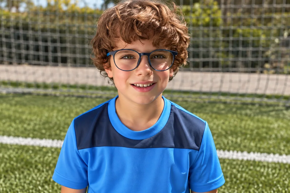 A boy smiling in his glasses